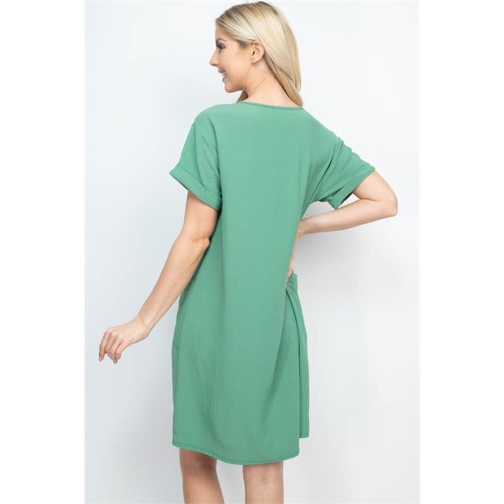 Green Rolled Sleeve Shift Dress with Pockets - Picture 7 of 8